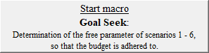 Start macro
Goal Seek:
Determination of the free parameter of scenarios 1 - 6,
so that the budget is adhered to.