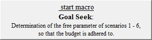  start macro
Goal Seek:
Determination of the free parameter of scenarios 1 - 6,
so that the budget is adhered to.